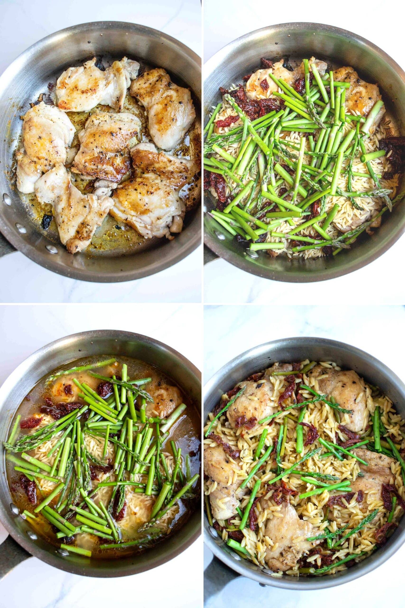 How to make Creamy Chicken with Orzo --4 steps. Chicken, chicken with asparagus and sun dried tomatoes, add stock, completed dish.