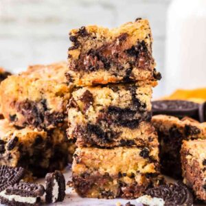 Baked Oreo blondies stacked upon each other