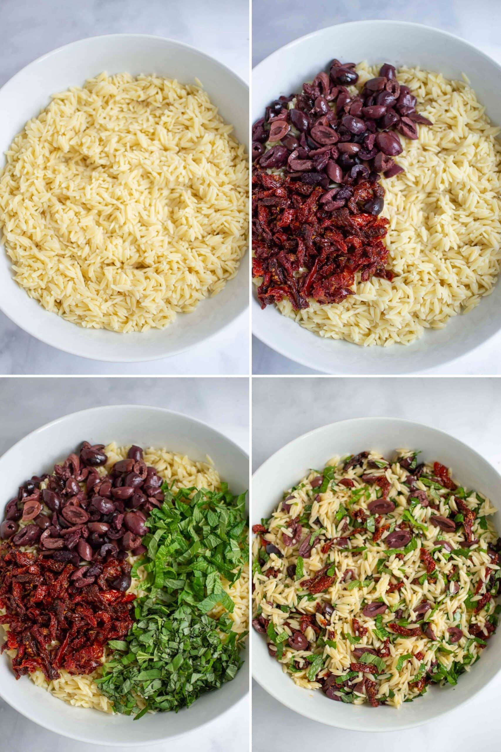 Step by step Orzo Salad: orzo, orzo and sun dried tomatoes and olives, with herbs and tossed with dressing.
