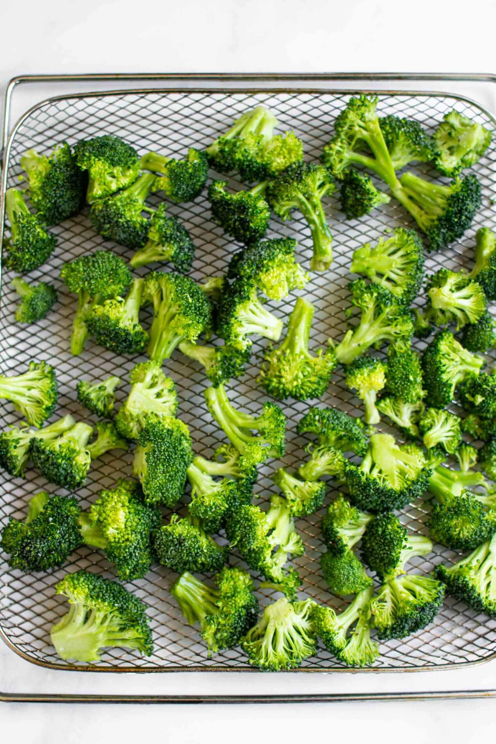 Air fryer roasted broccoli on air fryer tray