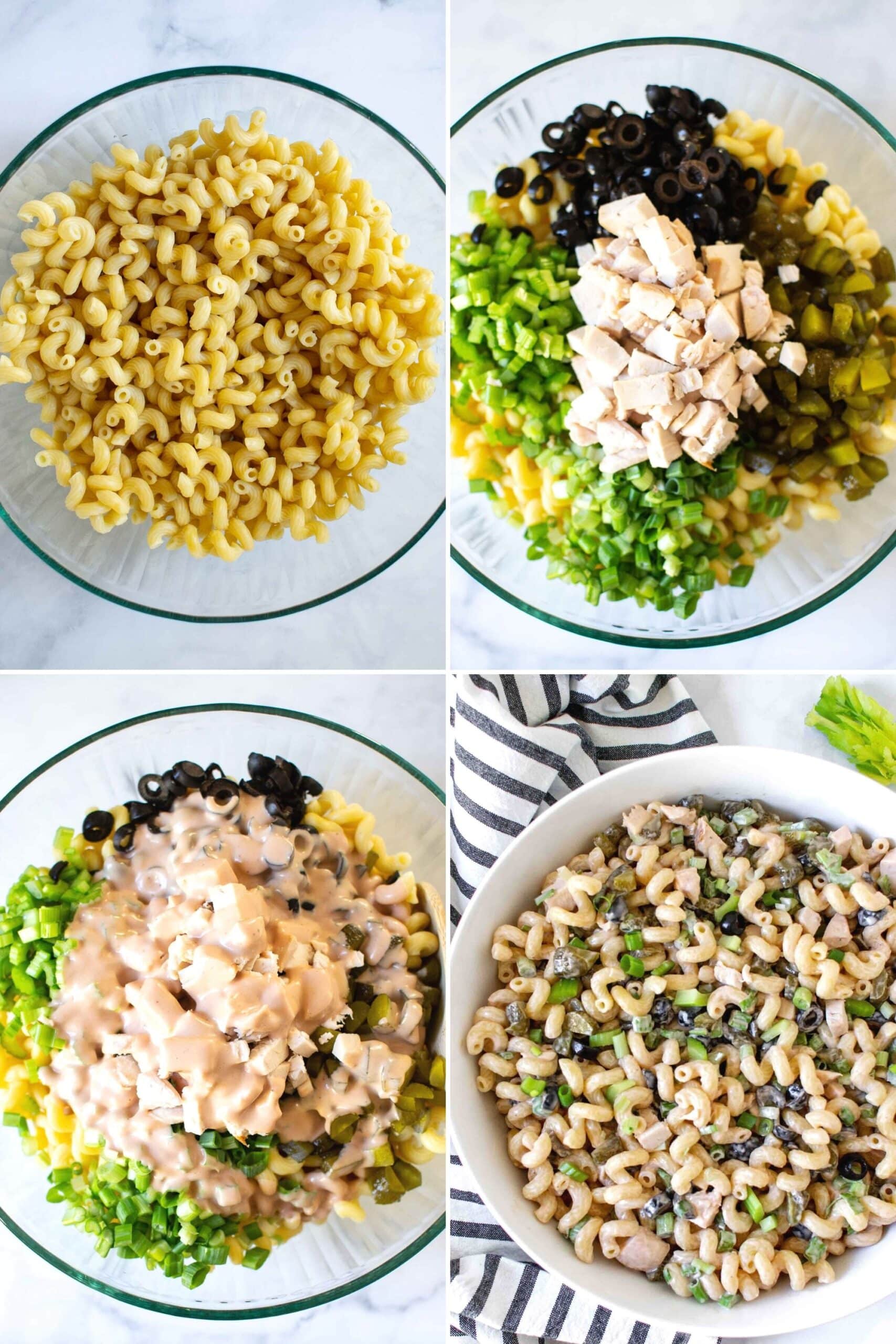 4 pictures of step by step instructions about how to make the macaroni salad