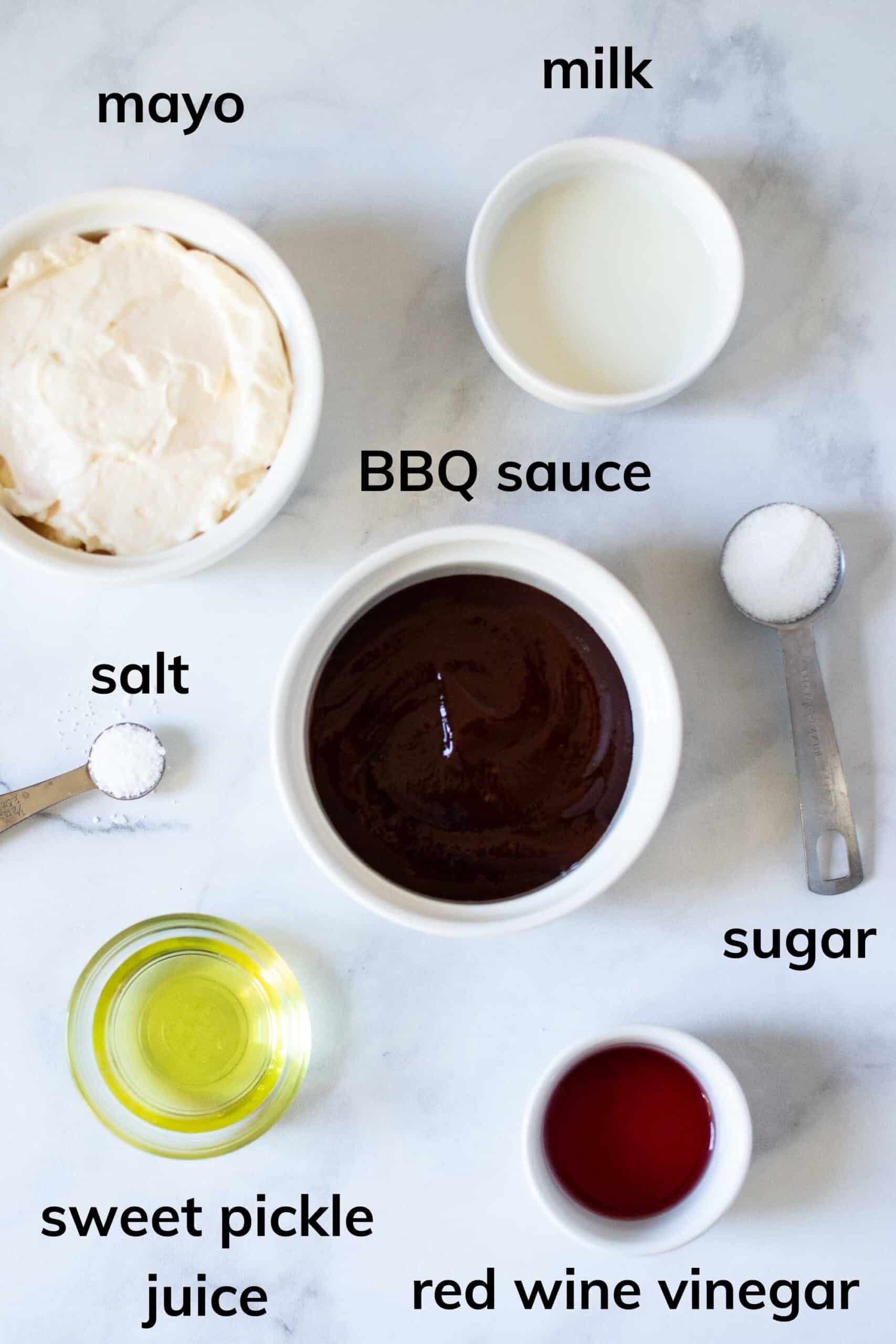 Ingredients needed for BBQ Chicken Macaroni Salad Dressing