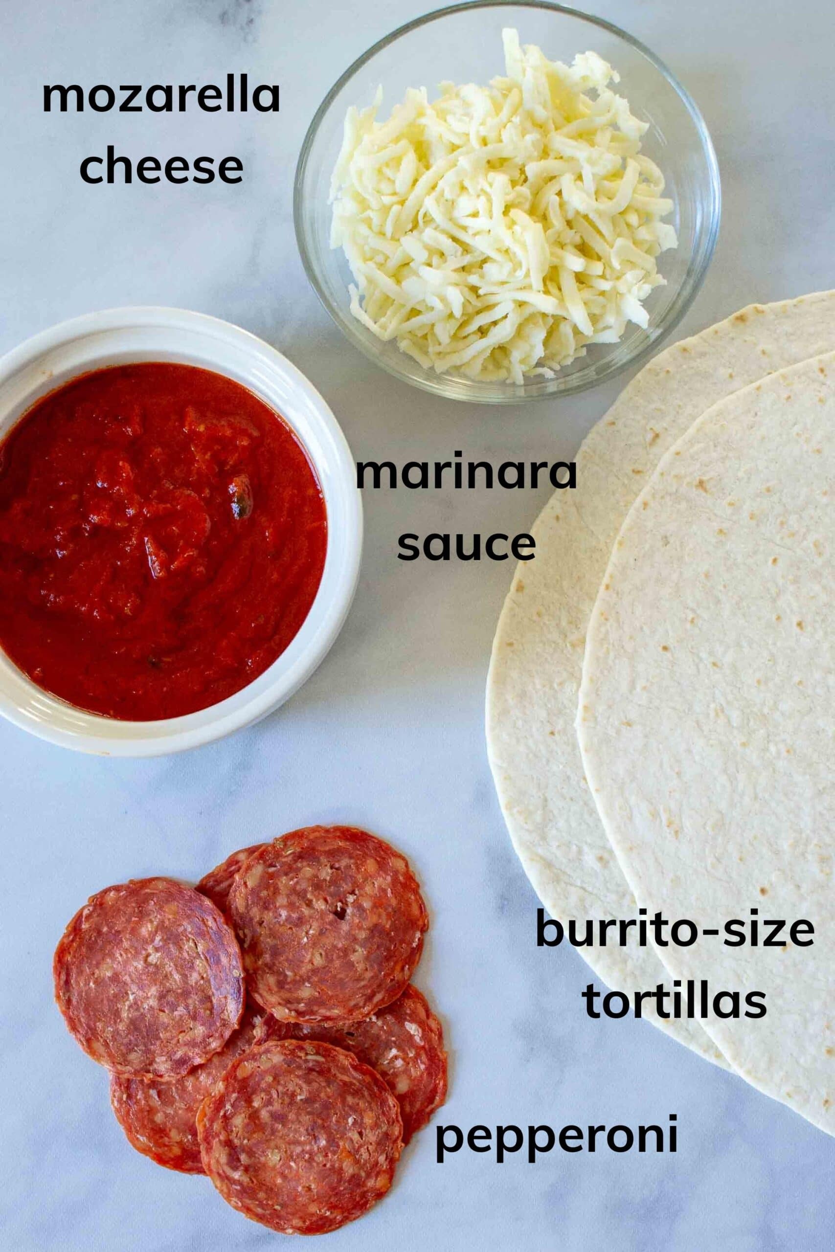 All ingredients for Pizza Tortilla Wrap or "Tortilla Trend" on table, labeled. 