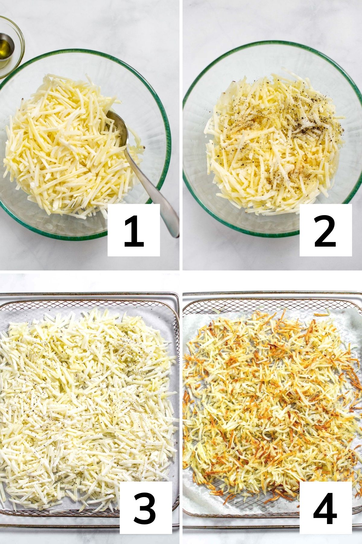 How to make frozen hash browns in the air fryer: step by step instructions. 