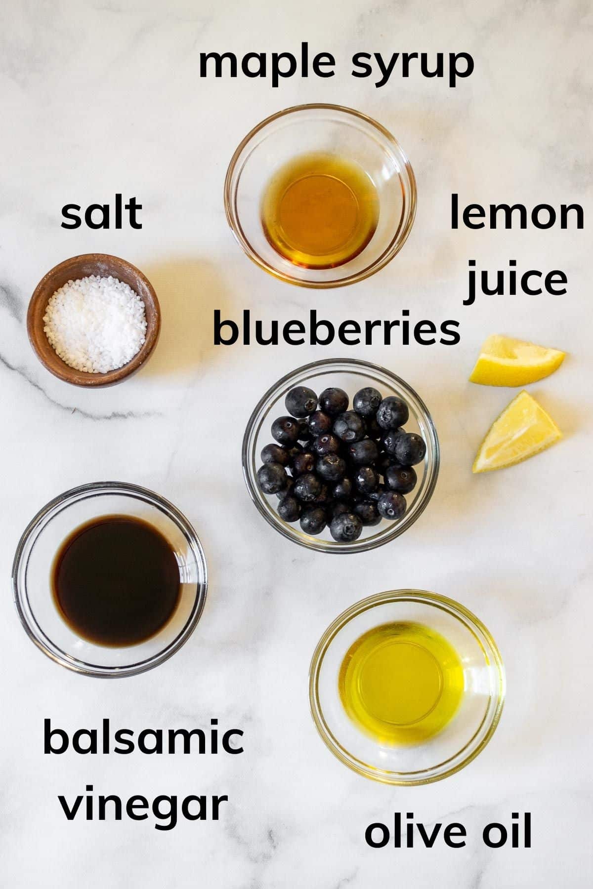 Ingredients needed to make this blueberry salad dressing.