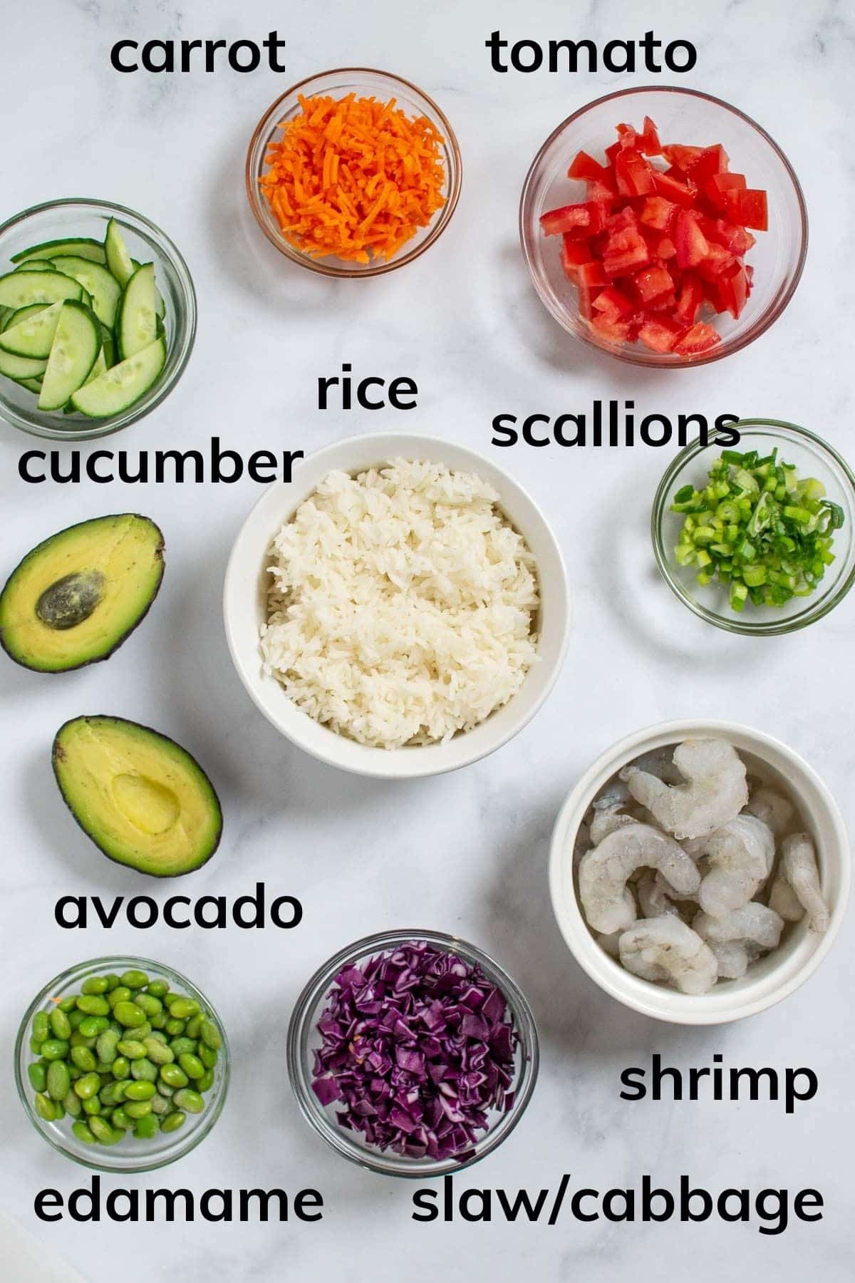 Ingredients needed for shrimp poke bowl.