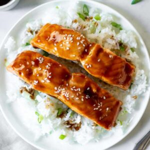 Easy Air Fryer Teriyaki Salmon over rice