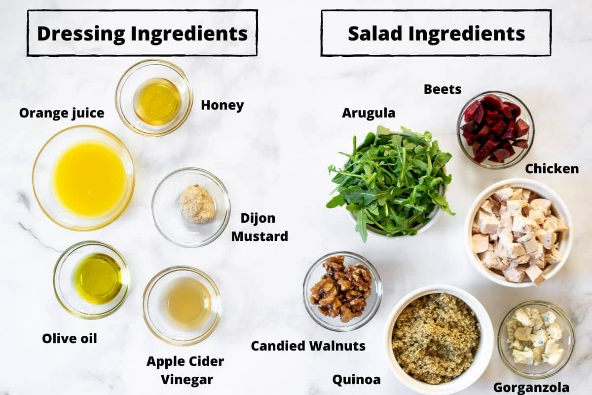 Ingredients needed to make the Quinoa Arugula Salad