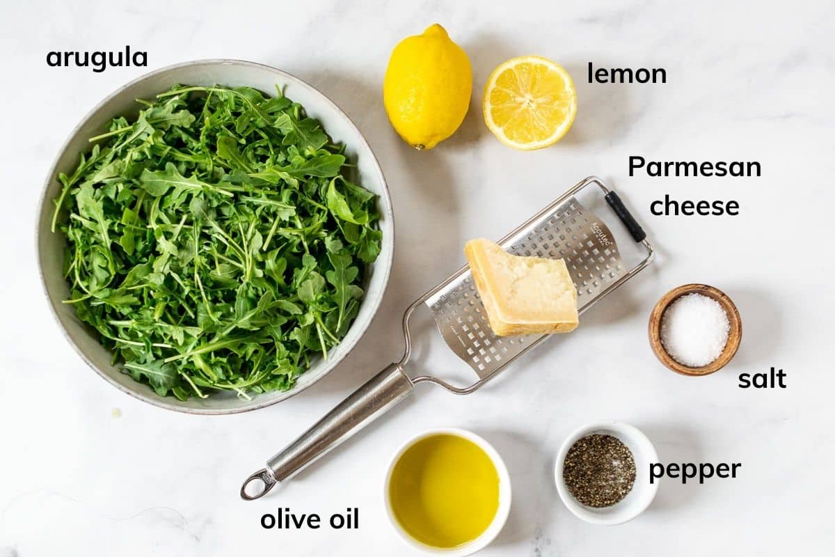 Ingredients needed to make this easy arugula salad.