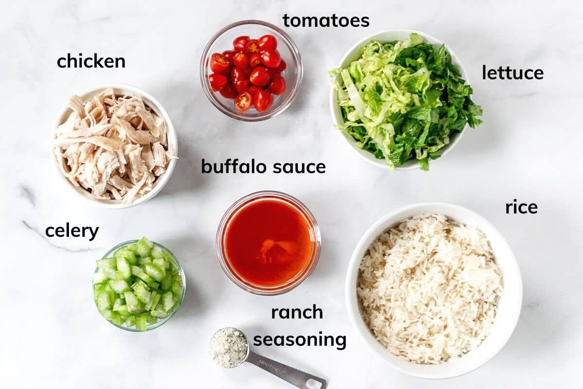 Ingredients needed to make buffalo chicken rice bowls