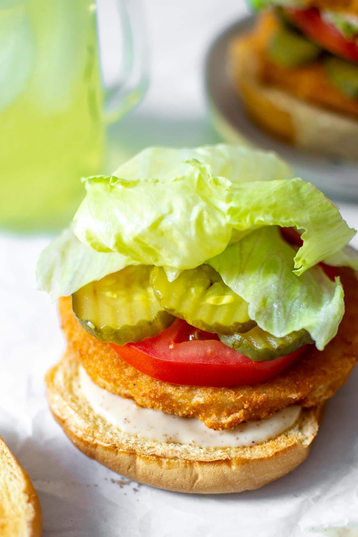 Air fryer chicken burger with toppings and no top bun