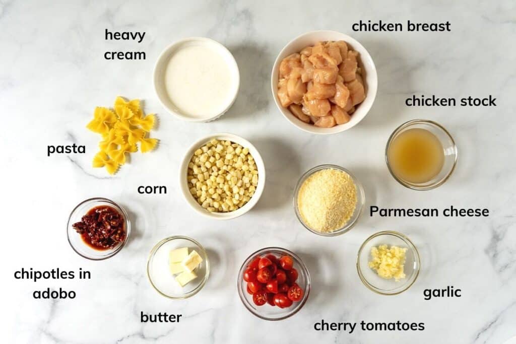 Ingredients needed to make chicken pasta with chipotle cream sauce