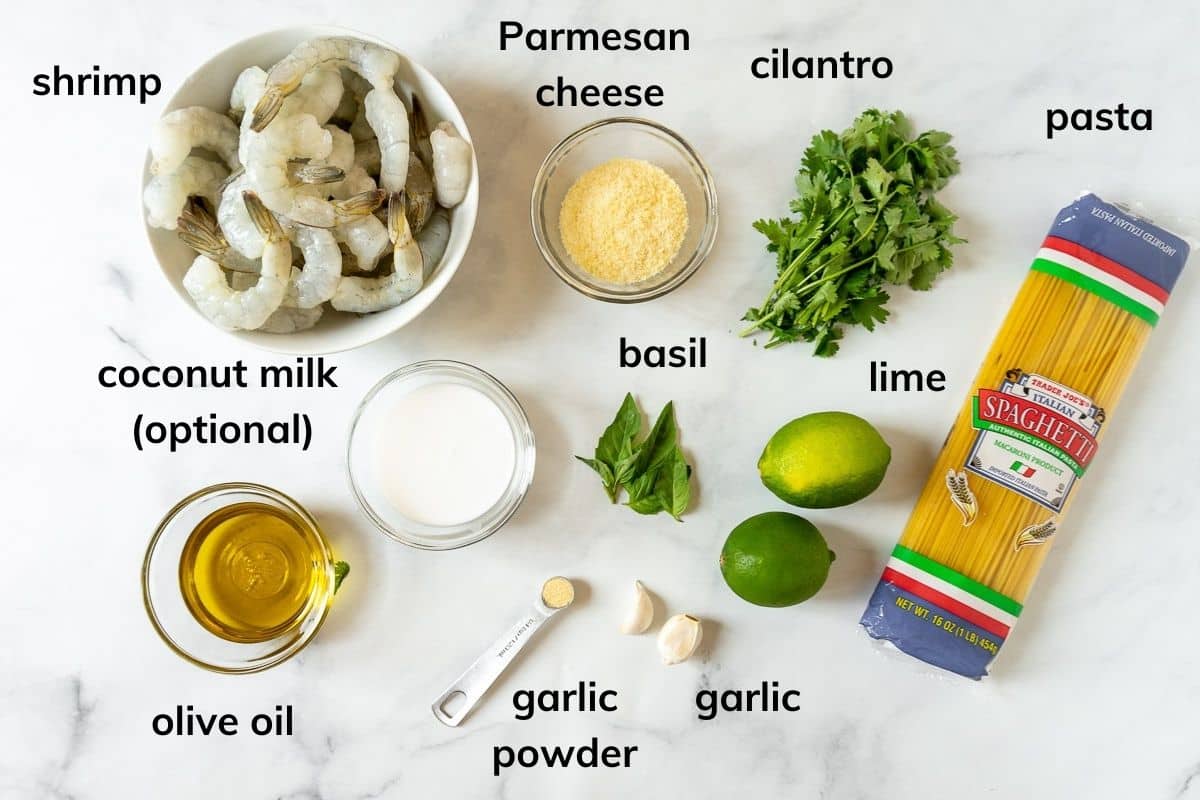Ingredients needed to make cilantro lime pasta with shrimp.