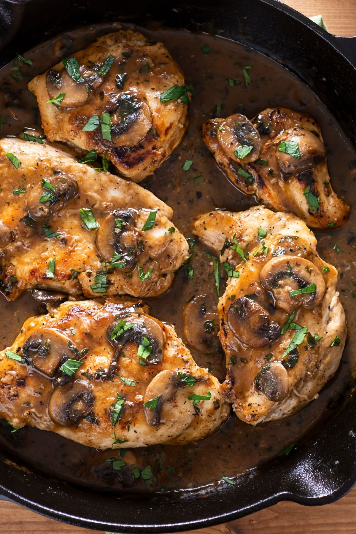 A pan of chicken marsala with lots of mushrooms. Best substitute for mushrooms in chicken marsala.
