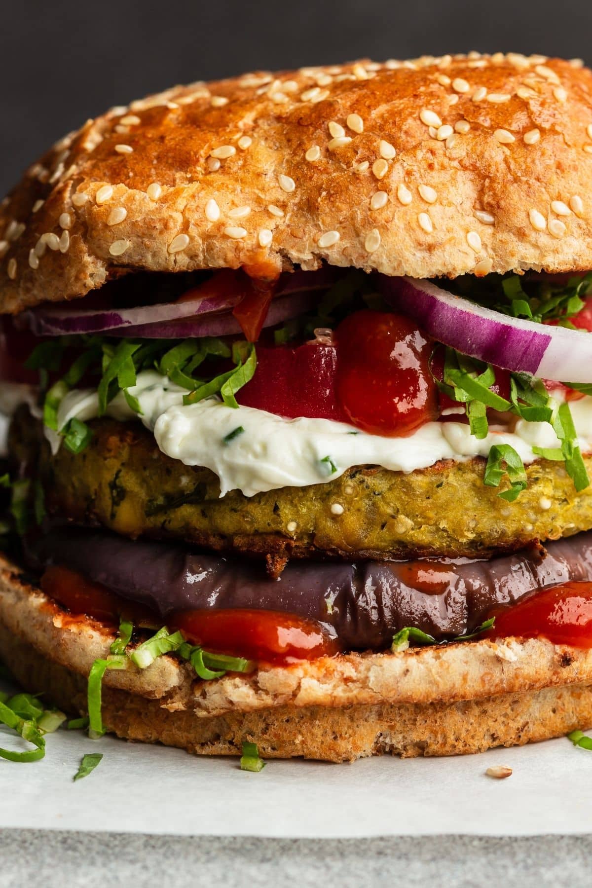 A big veggie burger close up. Best substitute for mushrooms in veggie burgers.