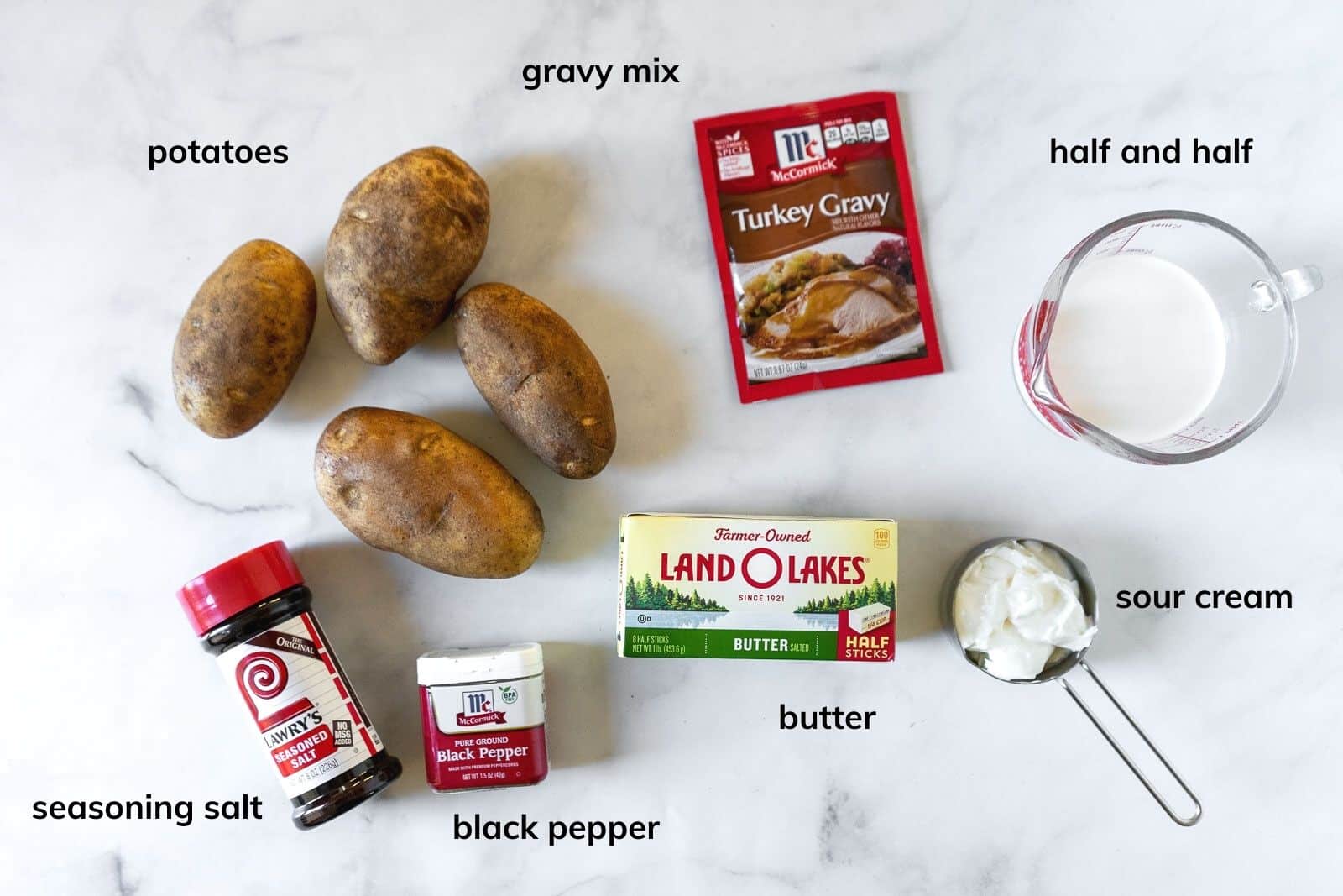 Ingredients needed to make perfect mashed potatoes and gravy