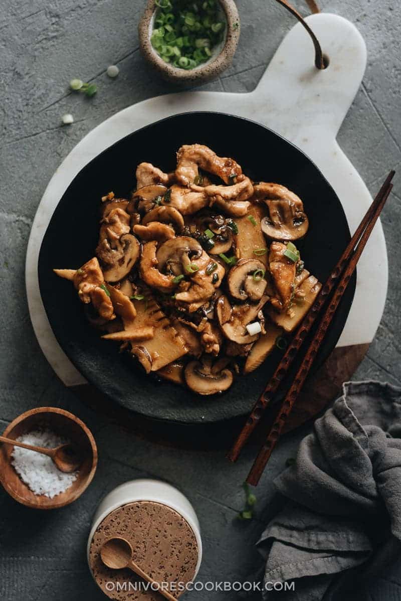 Mushroom and chicken stir fry on a plate.
