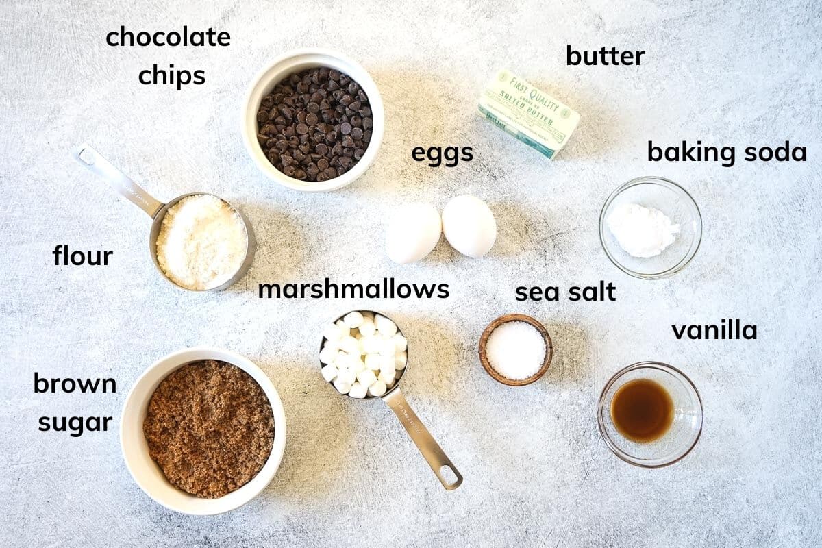 Ingredients needed to make chocolate chips marshmallow cookies.