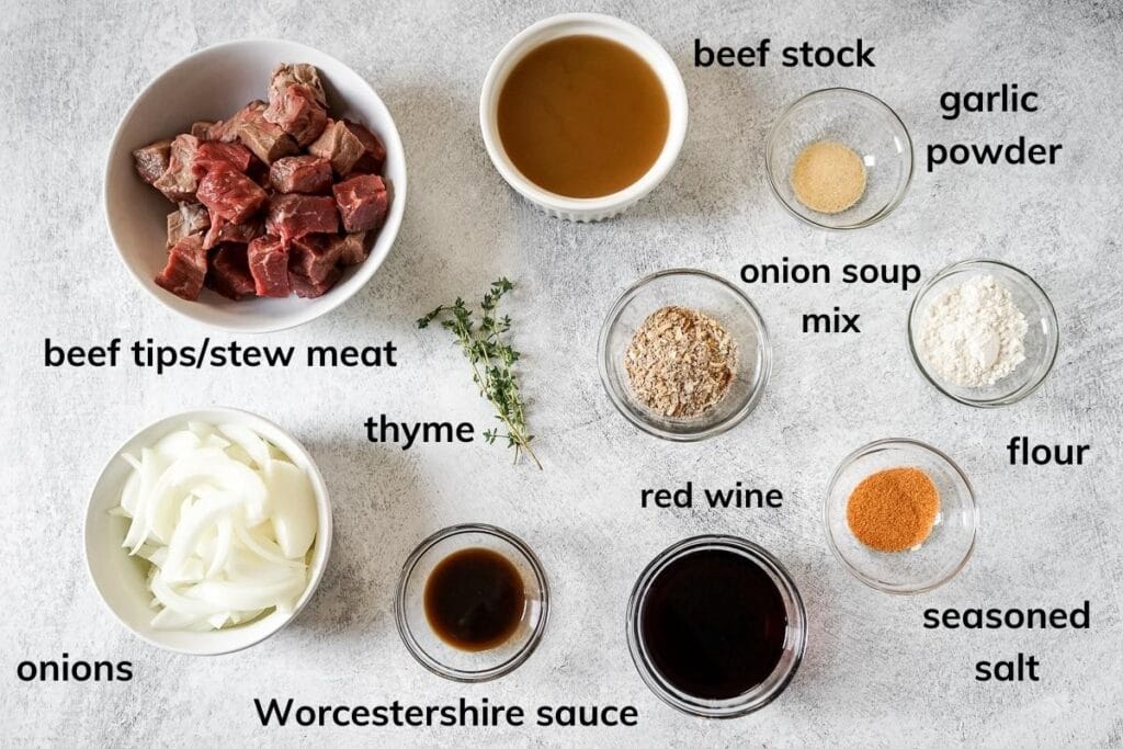 Ingredients needed to make Instant Pot Beef Tips with Gravy with onion soup mix.