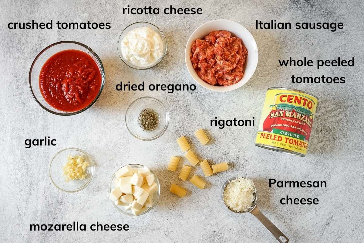 Ingredients needed to make this baked pasta dish.