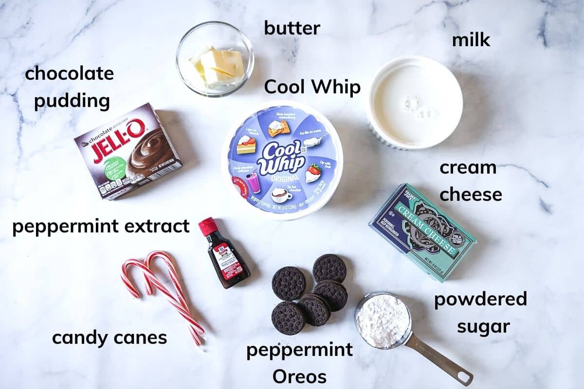 Ingredients needed to make no bake chocolate peppermint pie.