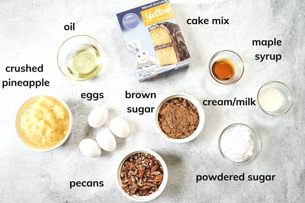 Ingredients needed to make easy granny cake recipe with a boxed cake mix.