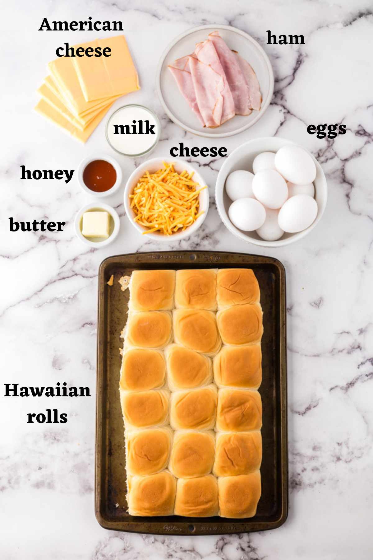 Ingredients needed to make Hawaiian roll breakfast sliders .