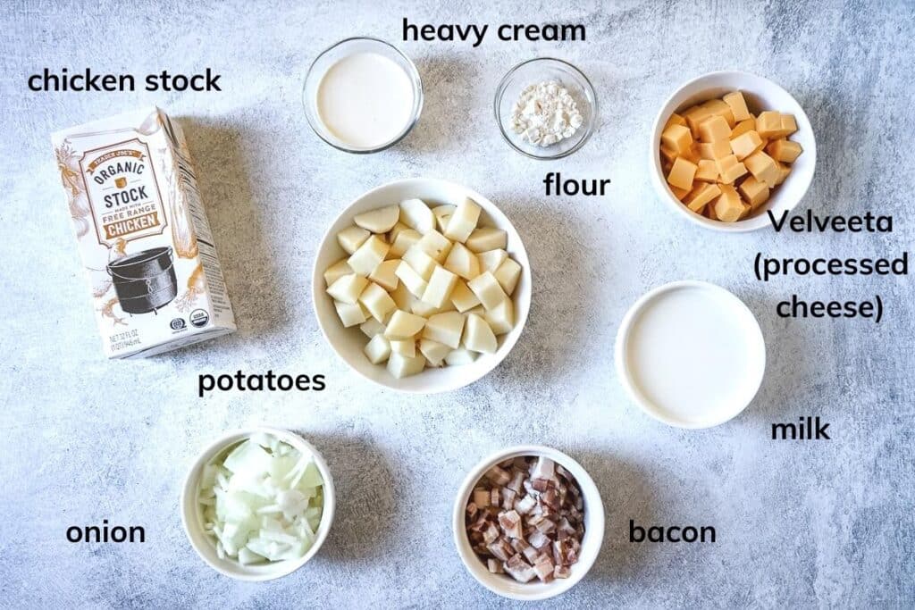 Ingredients needed to make Velveeta Potato Soup with Bacon.