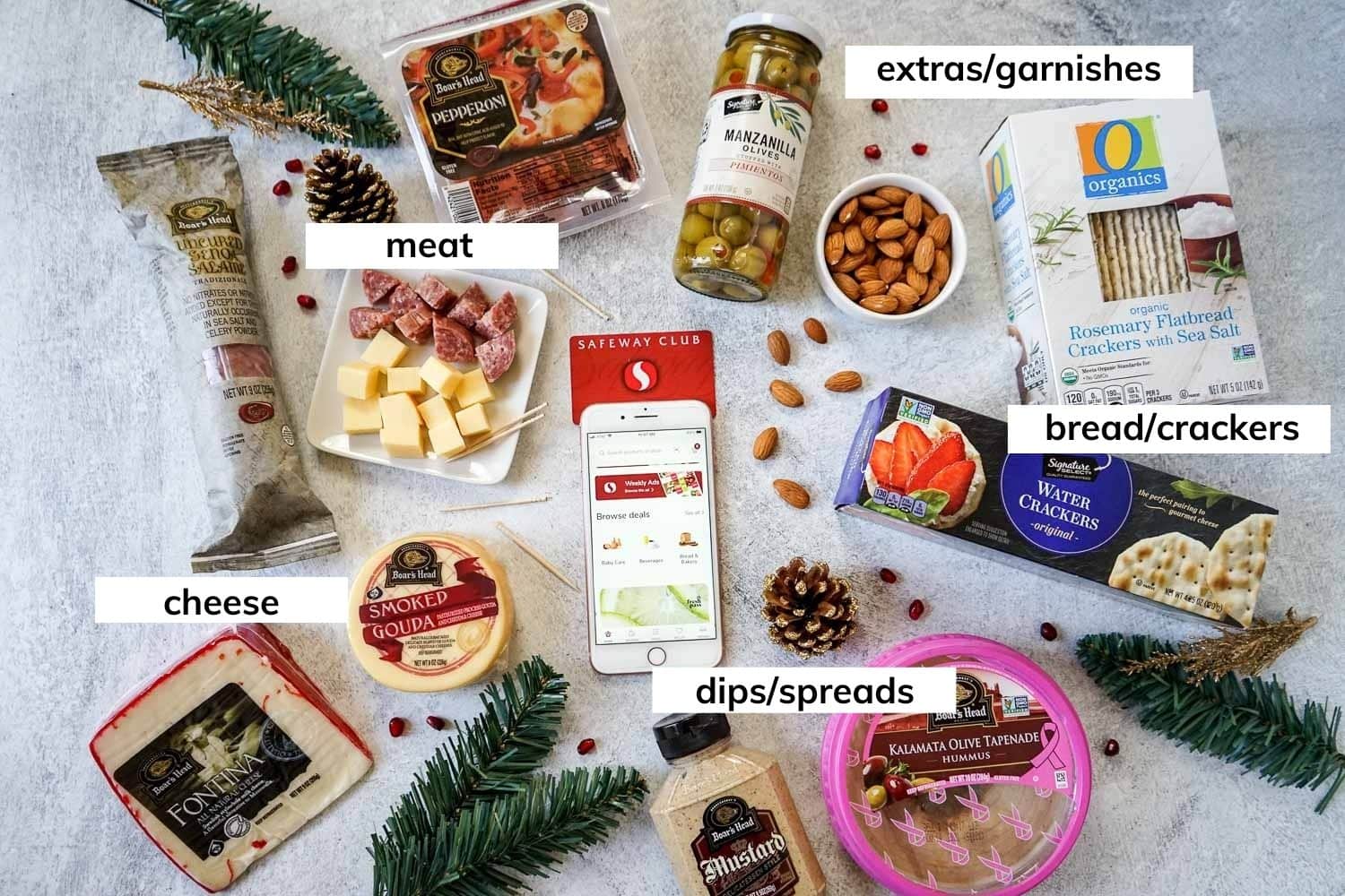 All of the items needed to make this Christmas tree shaped grazing board.