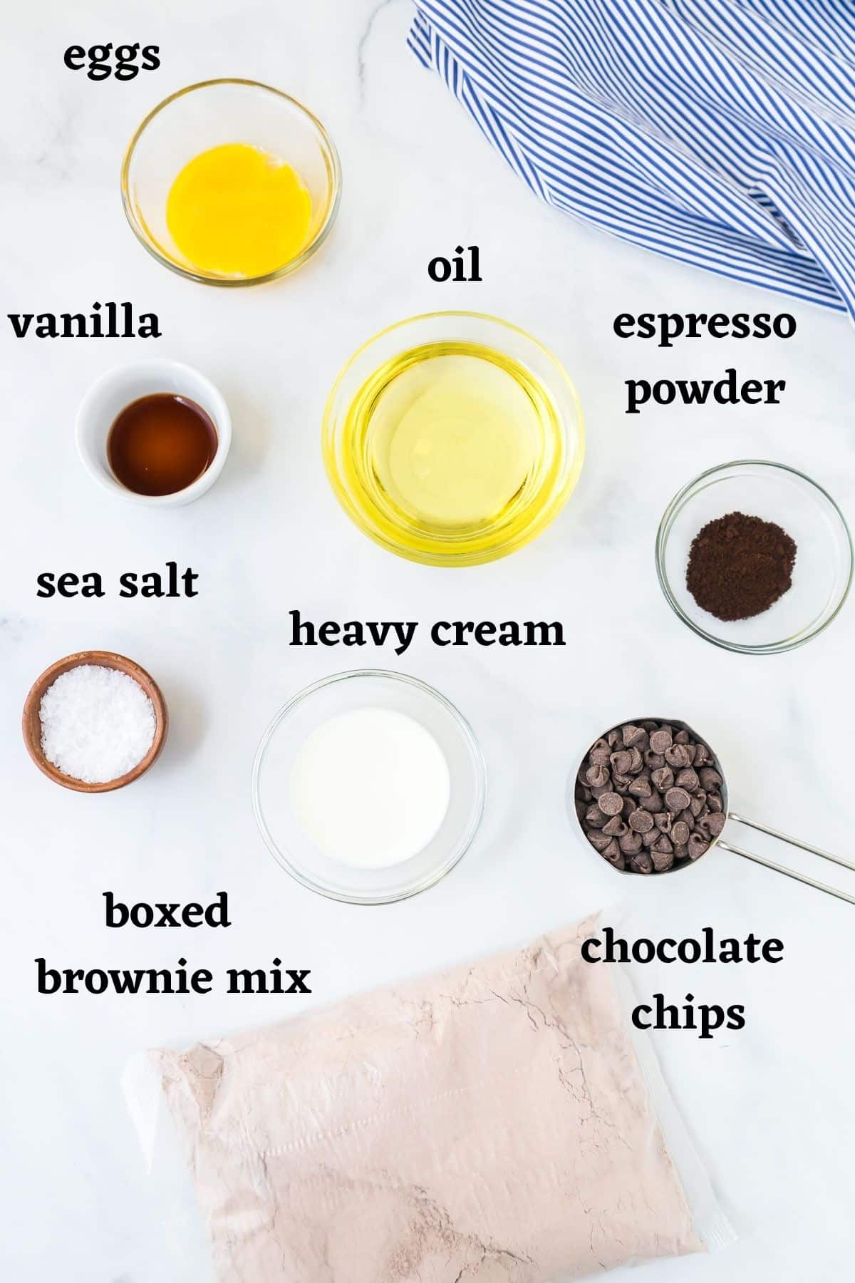 Ingredients needed to make perfect fudgy boxed brownies.