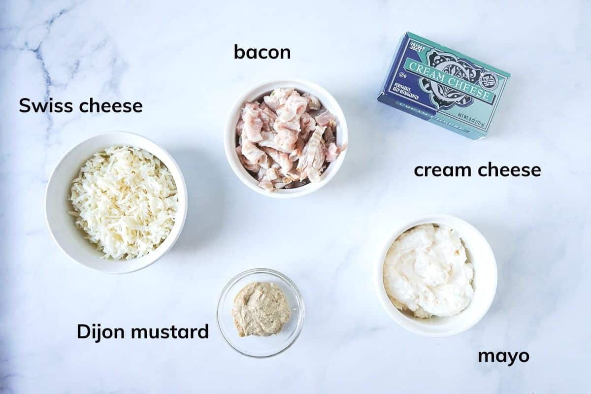 Ingredients needed to make Rachael Ray's Swiss and Bacon dip.