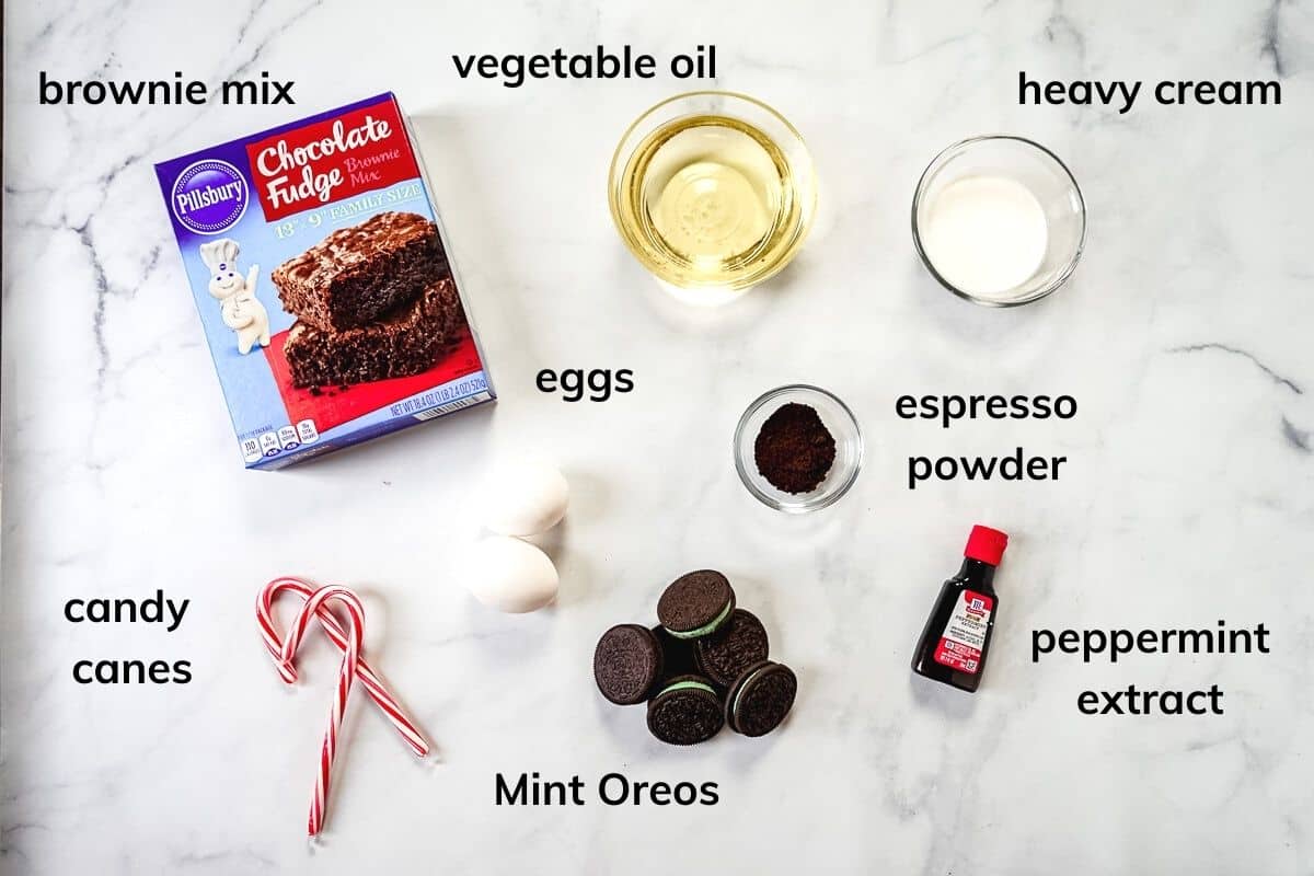 Ingredients needed to make Oreo Peppermint Brownies.