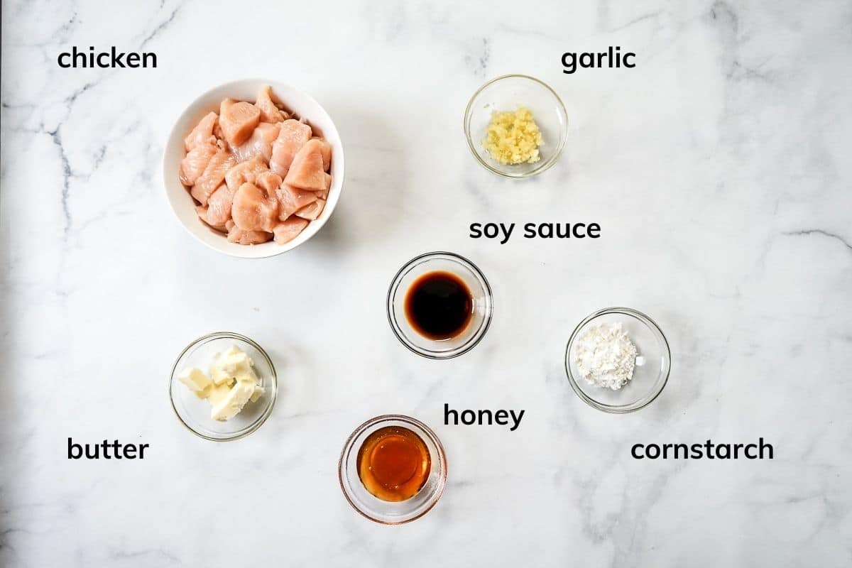 Ingredients needed to make honey butter garlic chicken.