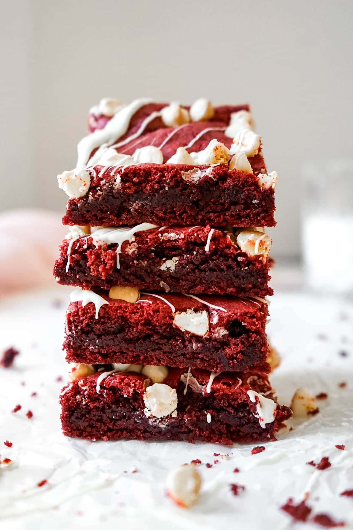 A stack of 4 red velvet brownies.