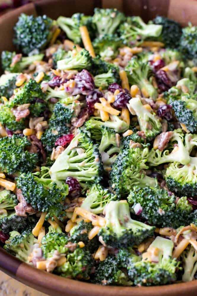 Close up photo of broccoli salad with cheese, cranberries and nuts tossed in dressing. 