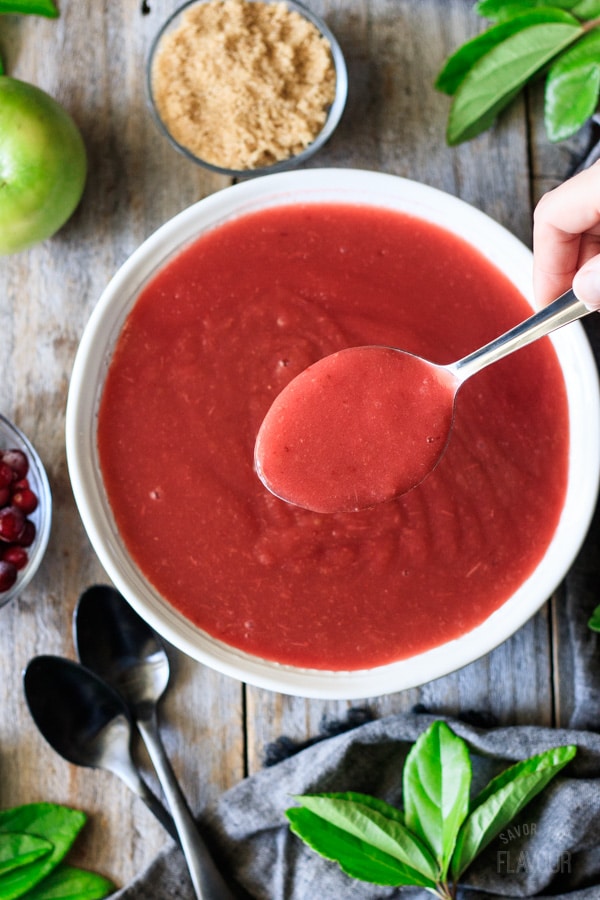 A bowl and a spoon with cool and refreshing cranberry applesauce.