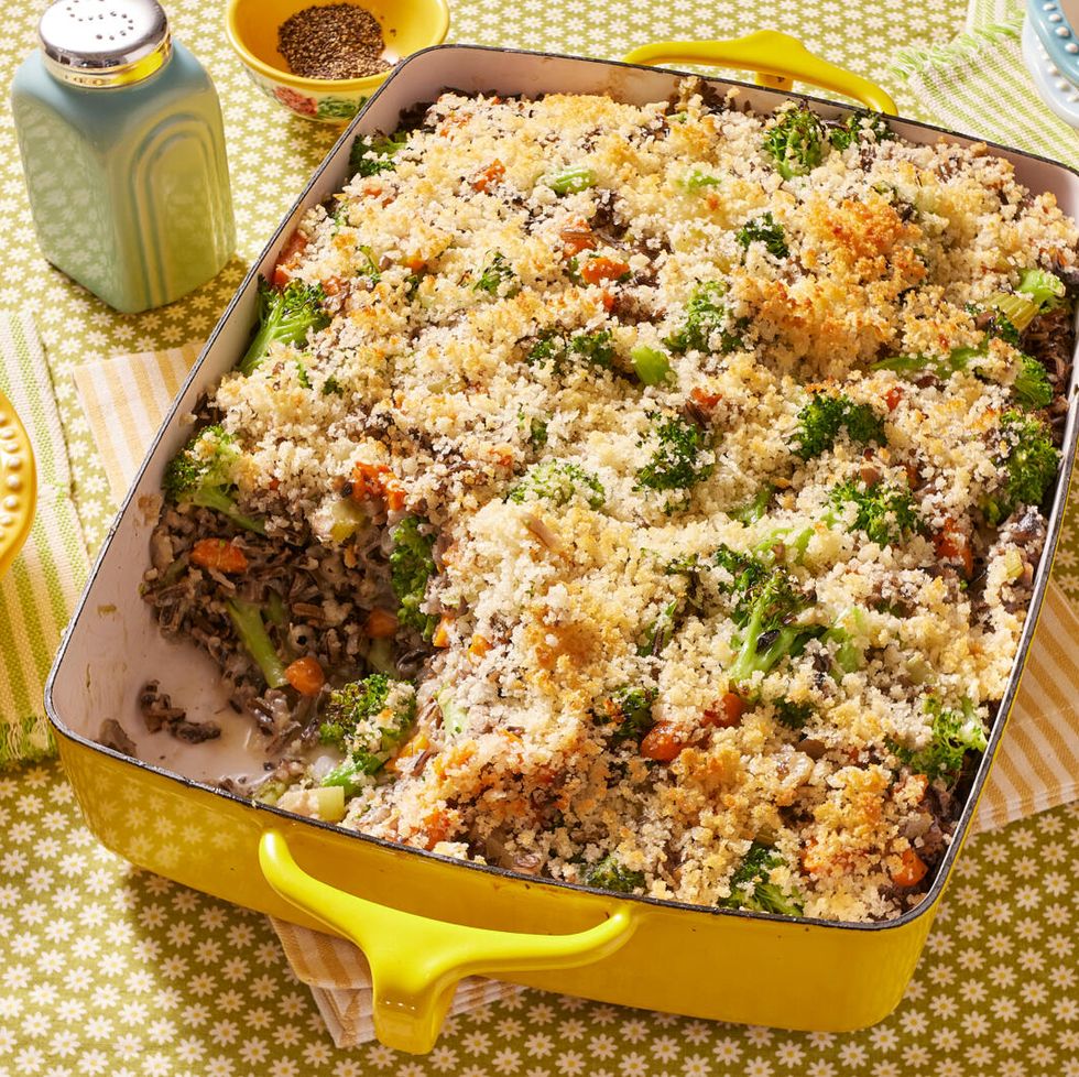 Mushroom and wild rice casserole in a yellow baking dish by the Pioneer woman.