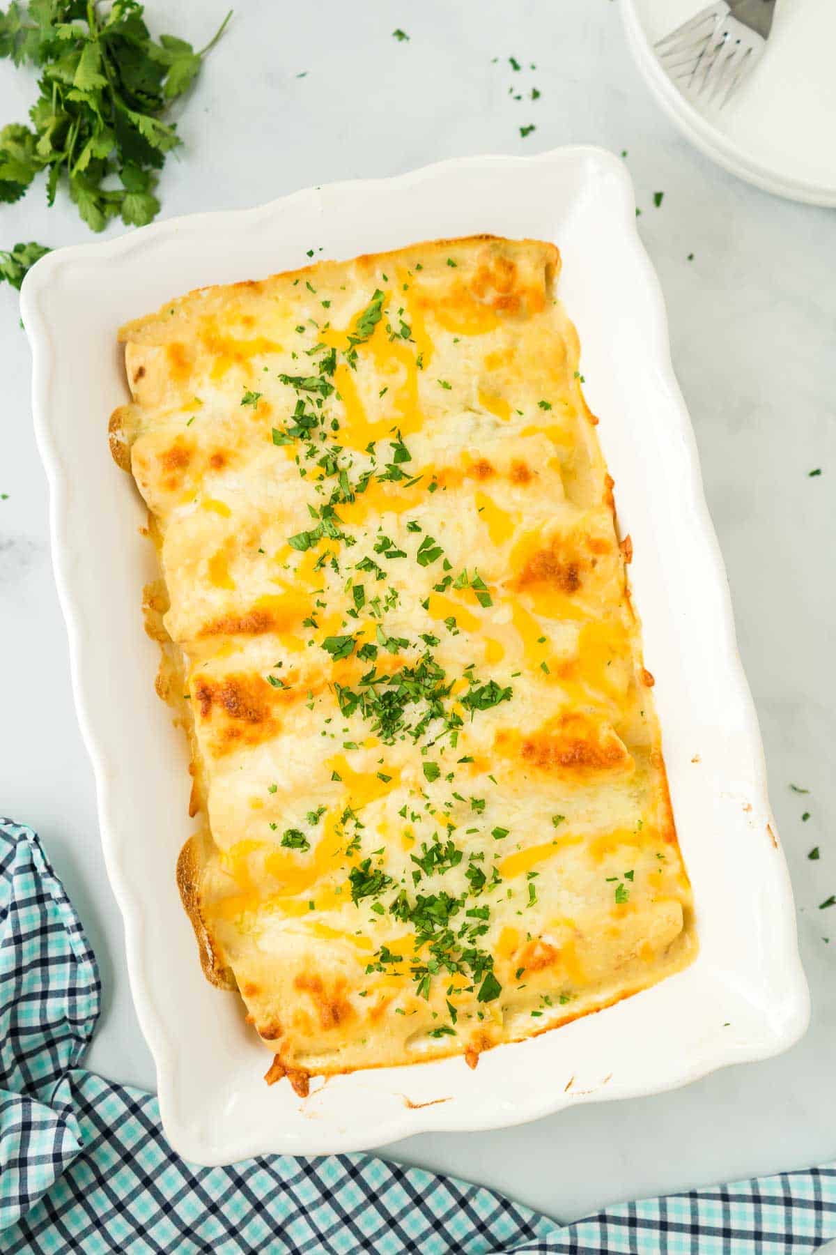 A whole pan of baked white chicken enchiladas in a white baking dish sprinkled with cilantro.