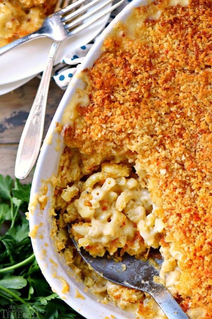 Macaroni and cheese topped with a breadcrumb topping in a baking dish.