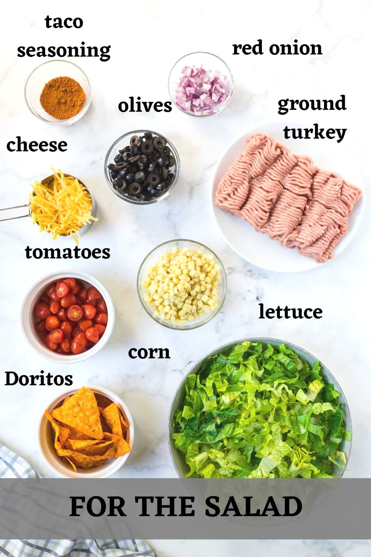 Ingredients needed to make Dorito Taco salad with Catalina dressing.