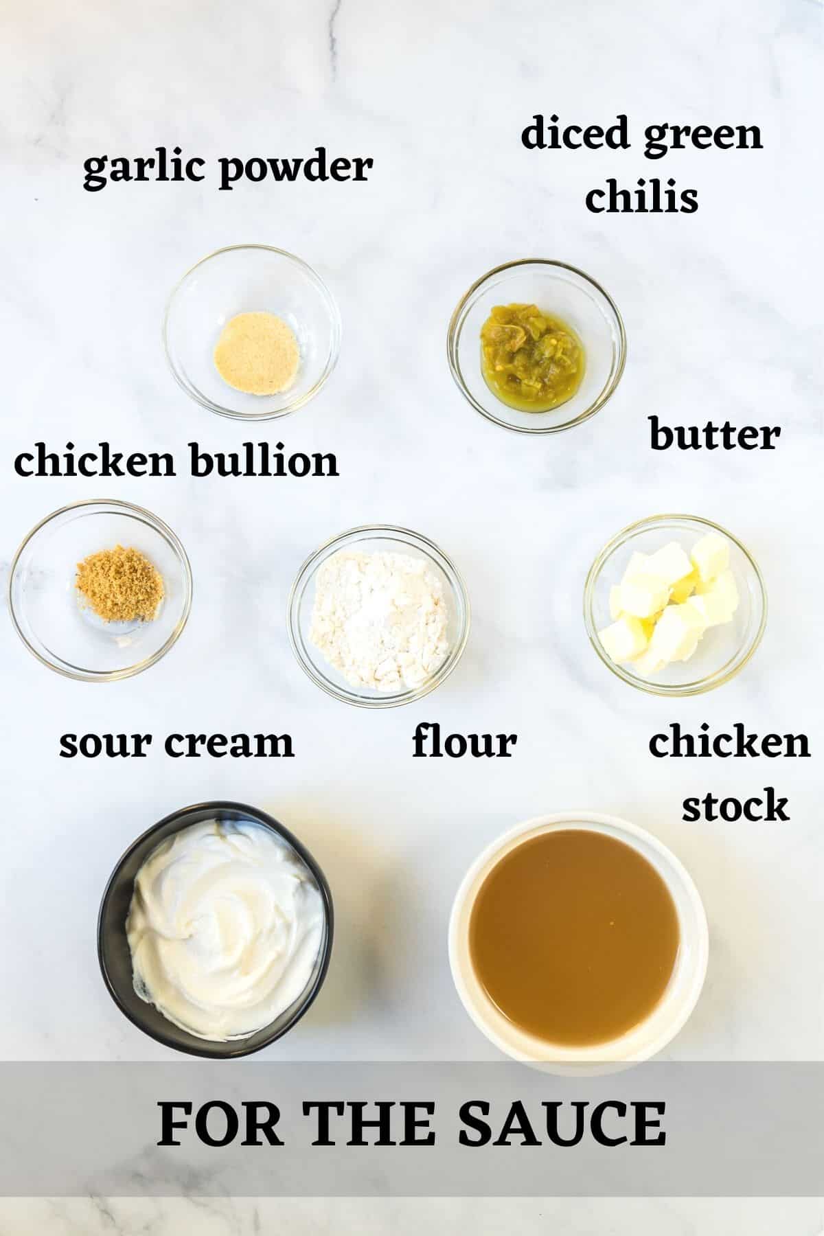 Ingredients needed to make the sauce for these chicken enchiladas with sour cream sauce.