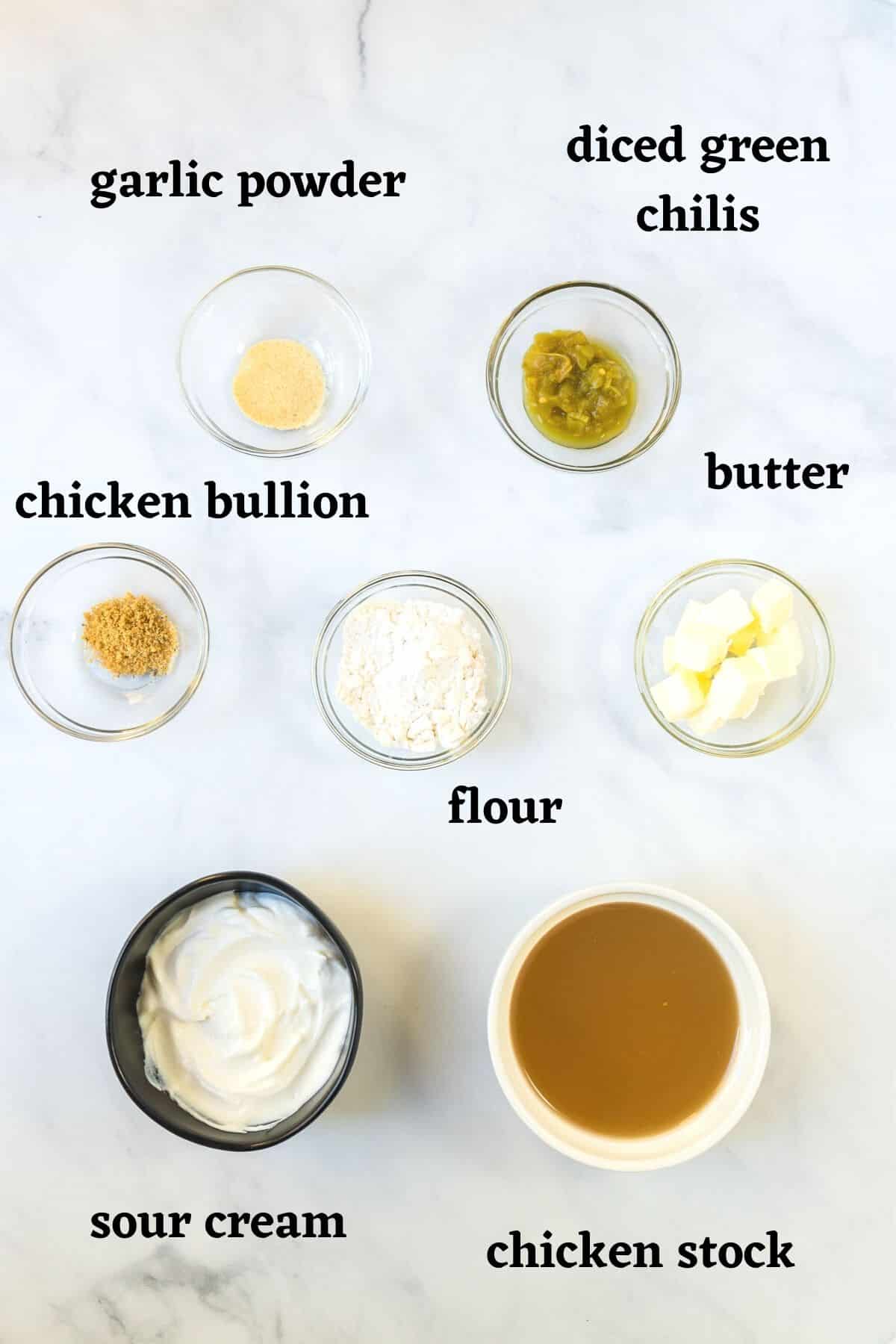 Ingredients needed to make this easy sour cream enchilada sauce. 