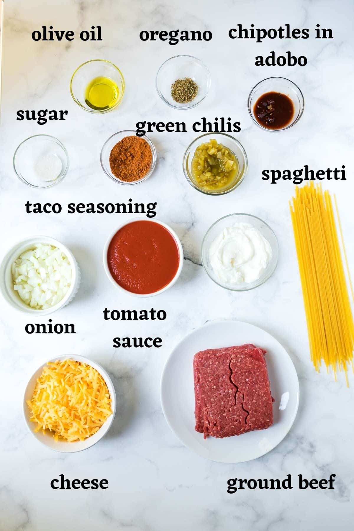 Ingredients needed to make this Mexican Spaghetti recipe.
