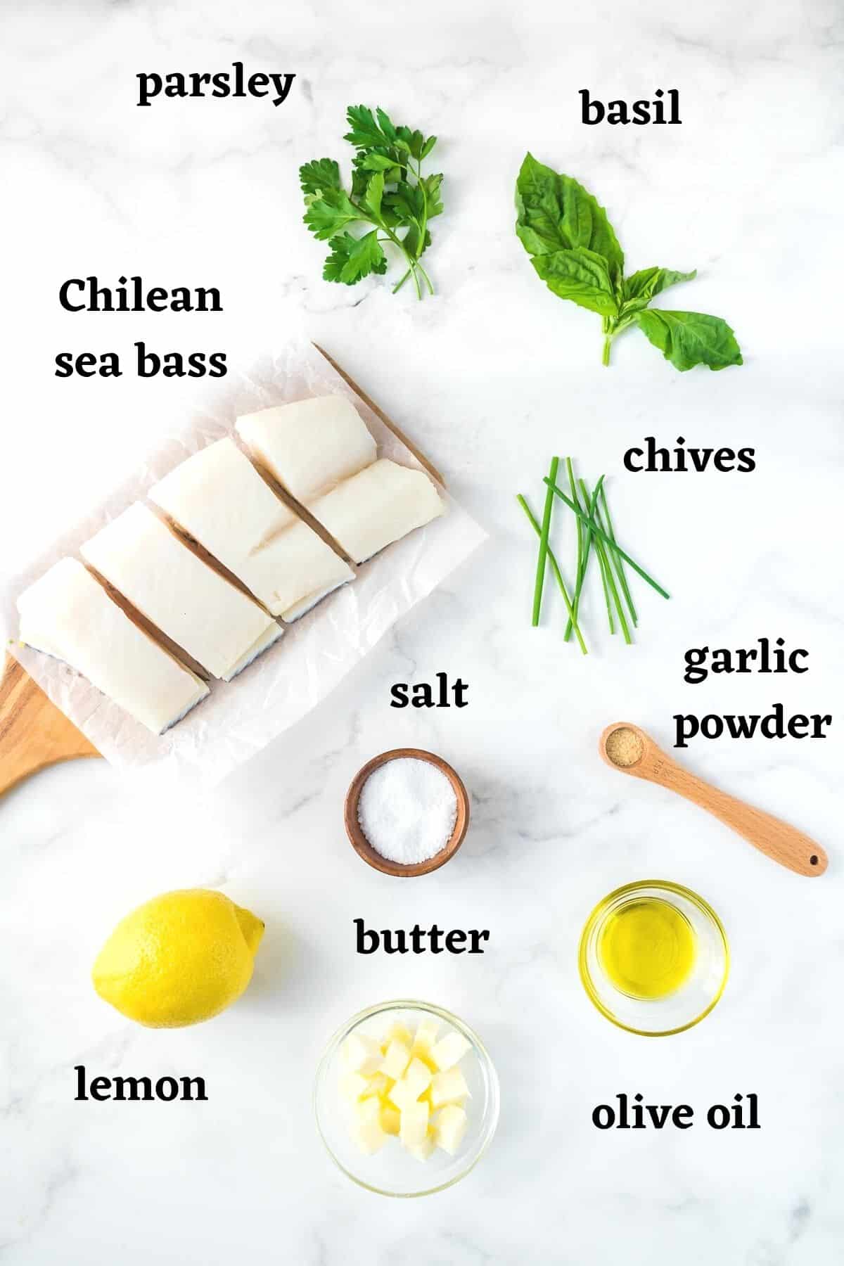 Ingredients needed to make pan seared Chilean Sea Bass.