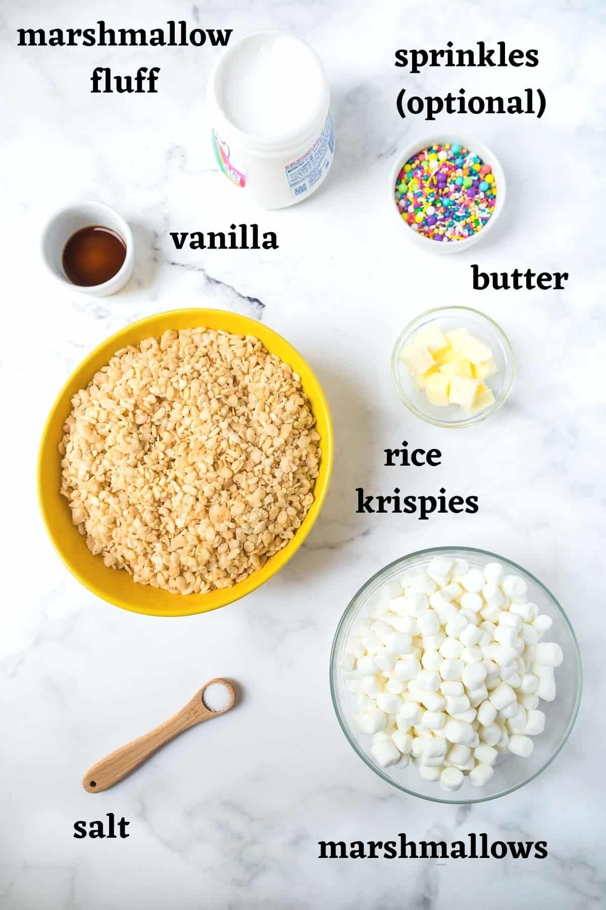 Ingredients needed to make Rice Krispies Treats with Marshmallow Creme.