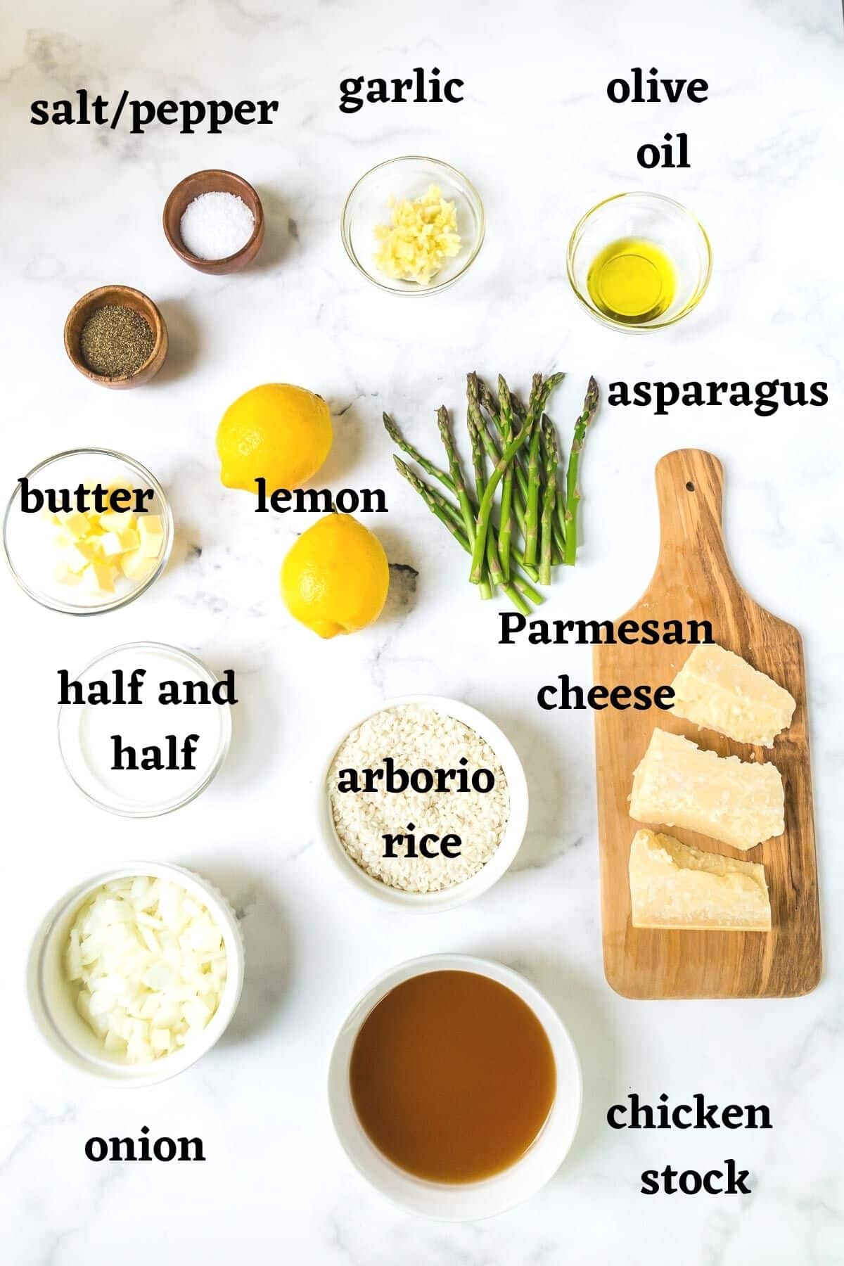 Ingredients needed to make instant pot risotto with asparagus.