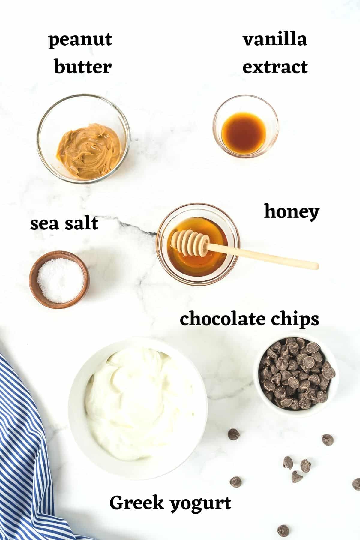 Ingredients needed to make Cookie Dough Greek Yogurt with Chocolate Chips.