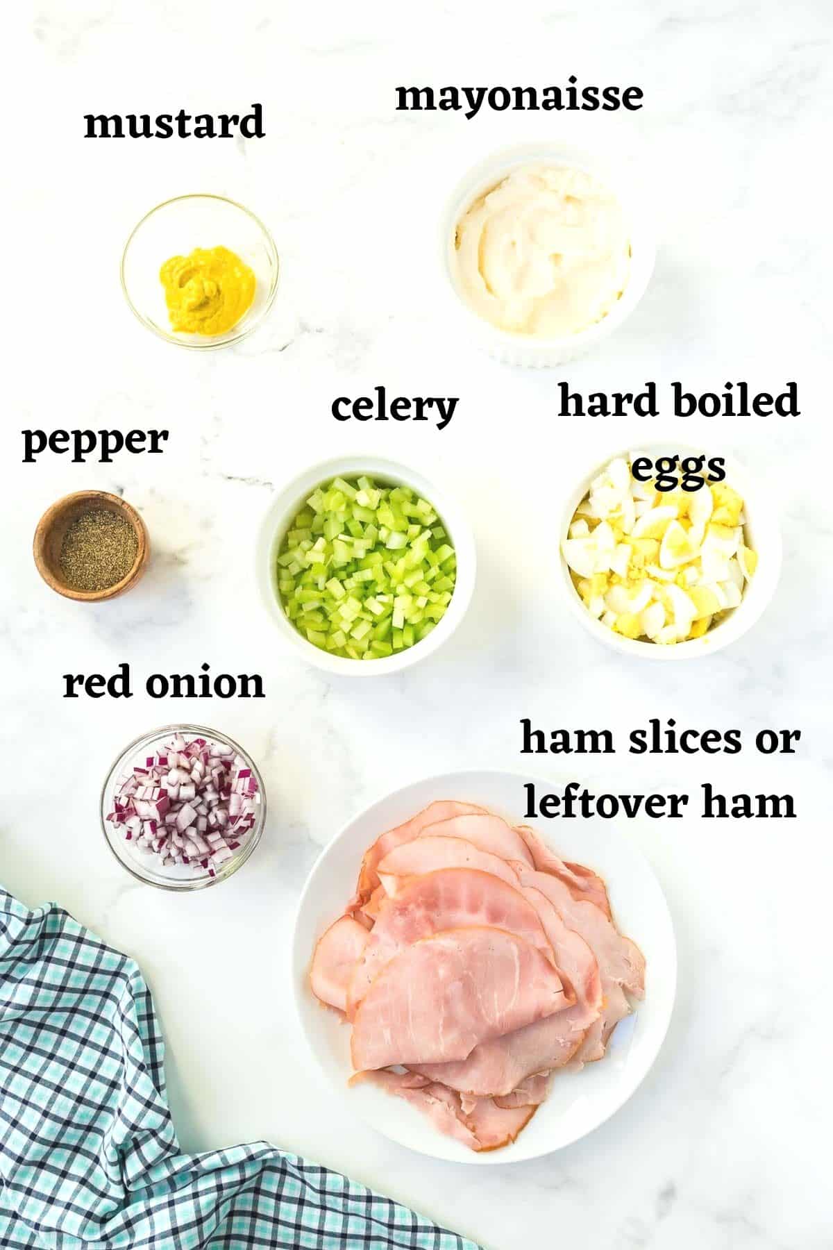 Ingredients needed to make this old fashioned ham salad recipe.