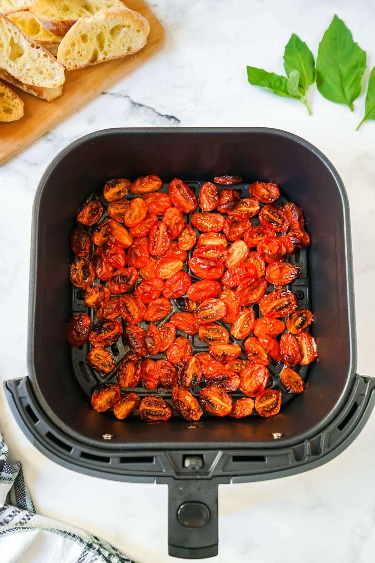 Cherry tomatoes roasted in an air fryer.
