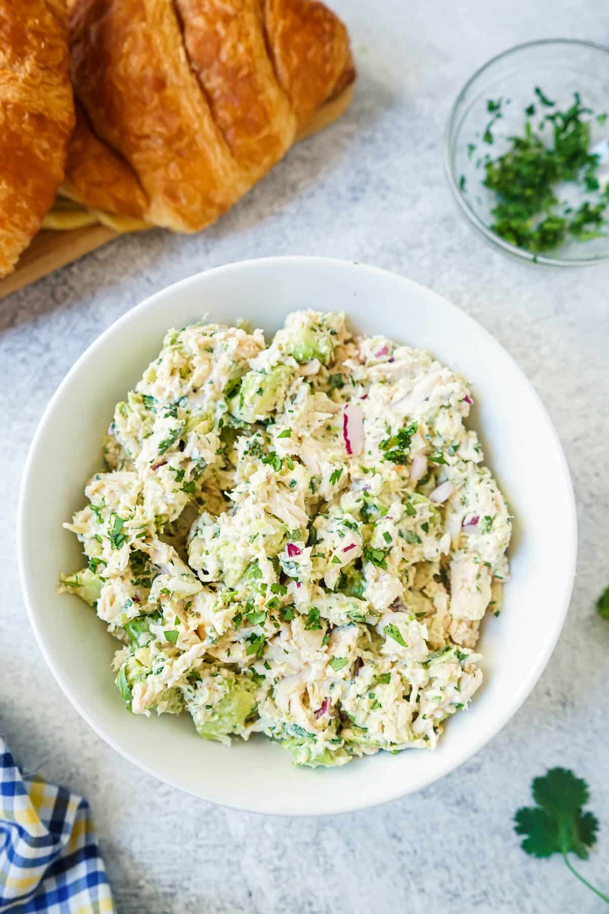 California chicken salad in a bowl all mixed. 